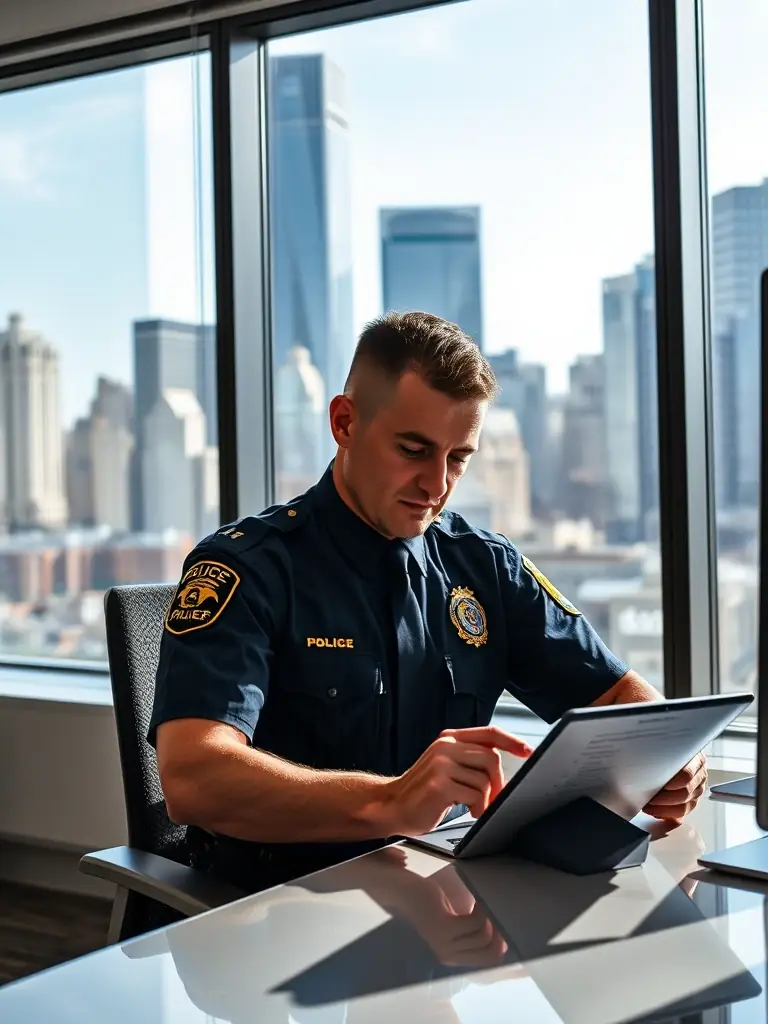 A high-resolution image depicting a police officer reviewing traffic violation data on a tablet, with a city skyline in the background, emphasizing the ease of access to information.