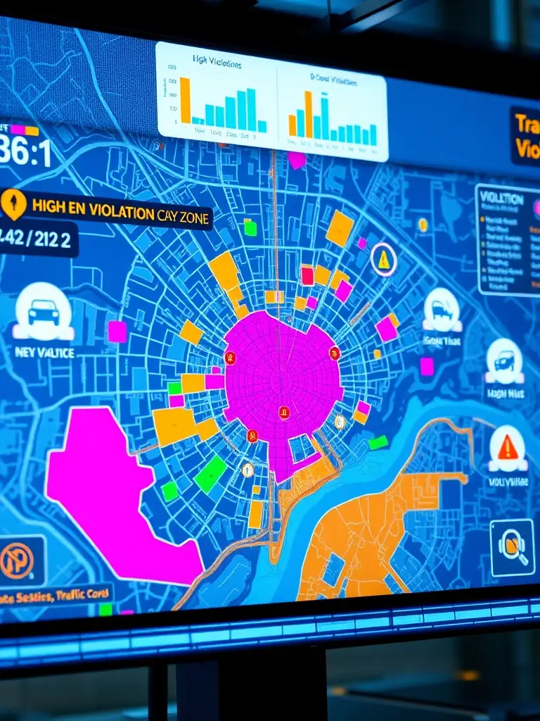 An image showing a map of a city with highlighted areas indicating high-violation zones, illustrating the system's ability to identify problem areas.
