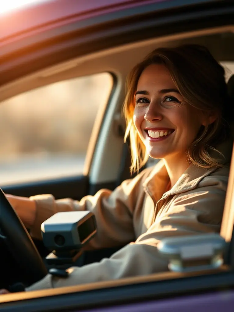 A driver smiling confidently behind the wheel of their car, with the PIFD Tech camera system subtly visible on the dashboard, bathed in soft morning light.