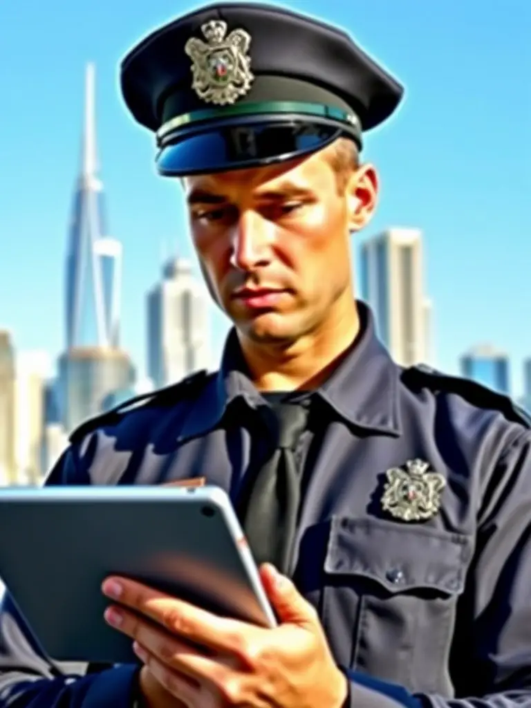 A high-resolution image depicting a police officer reviewing traffic data on a tablet, with a city skyline in the background, symbolizing efficient traffic management.