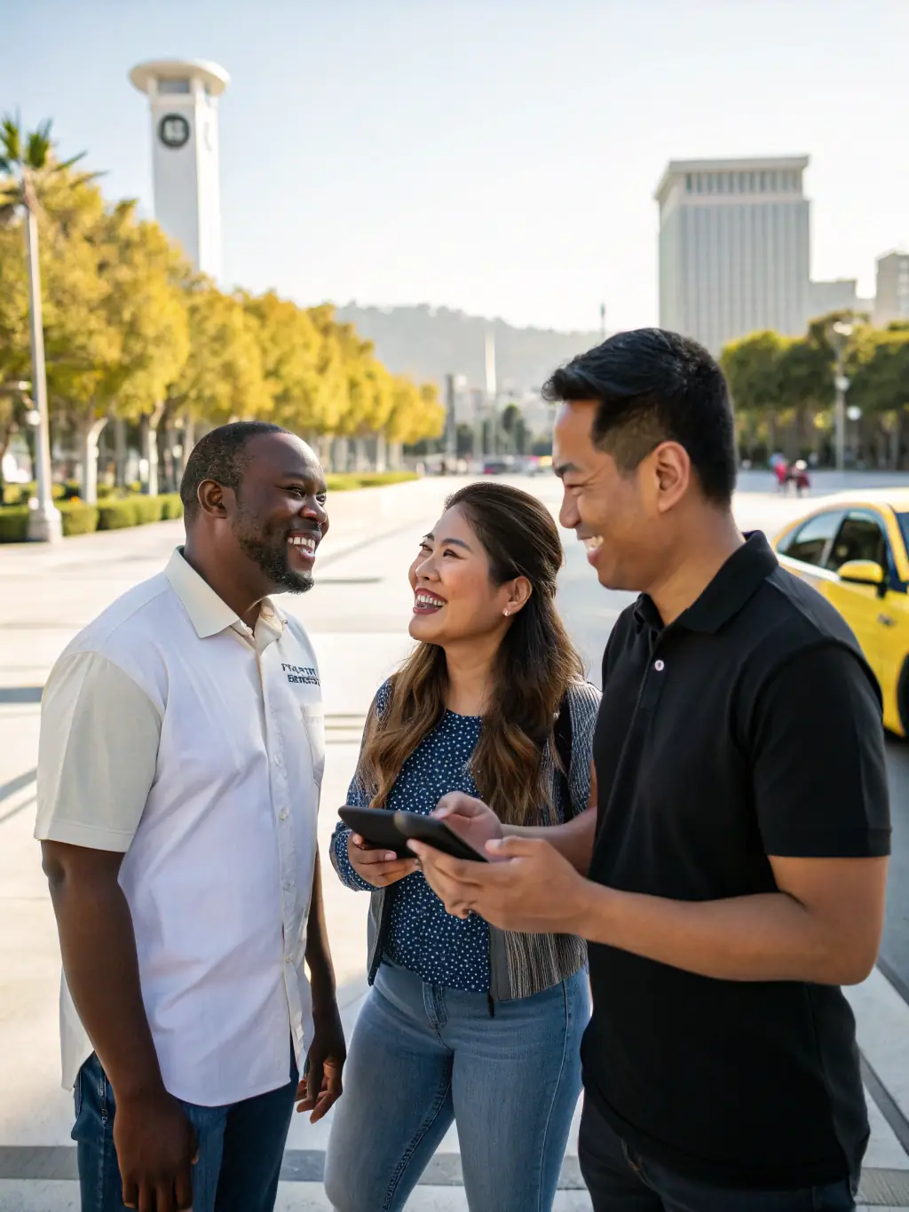 A diverse group of drivers standing together, smiling and looking at a tablet displaying positive road safety statistics.