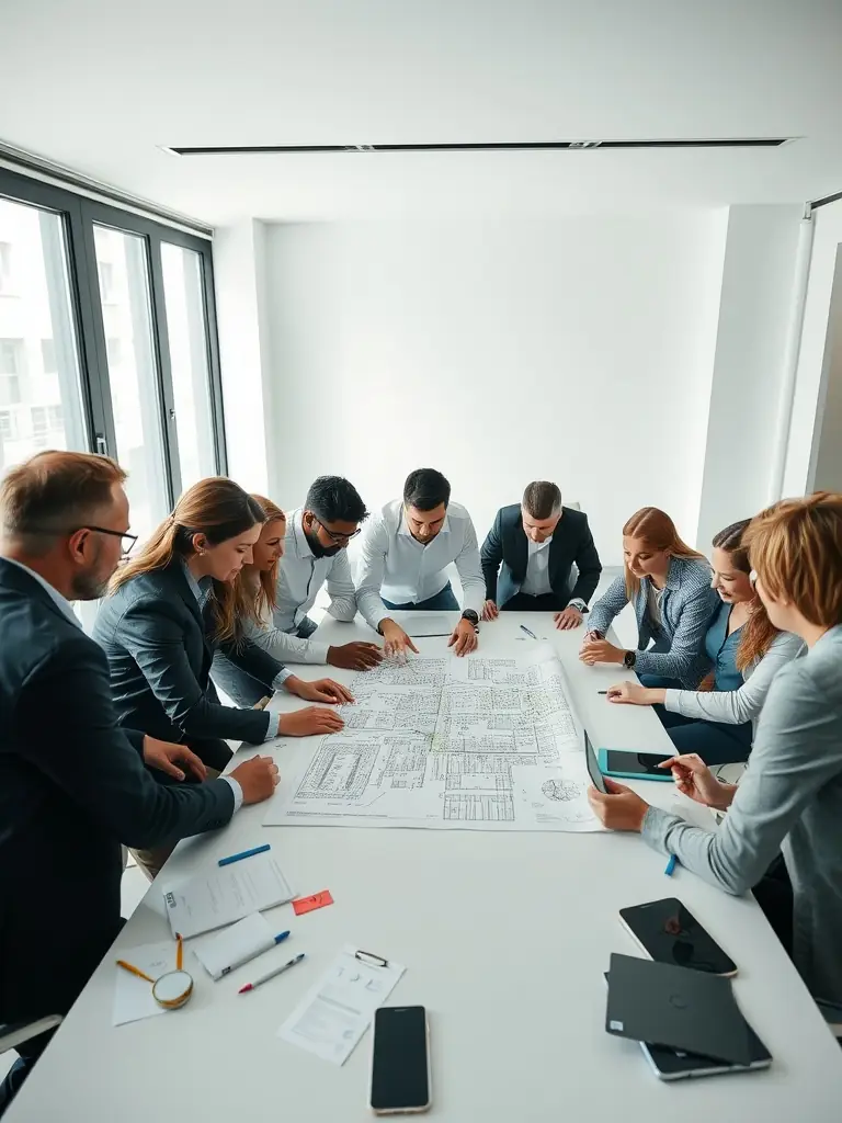 A diverse group of investors meeting in a modern office, discussing the strategic advantages of investing in PIFD Tech's innovative technology.