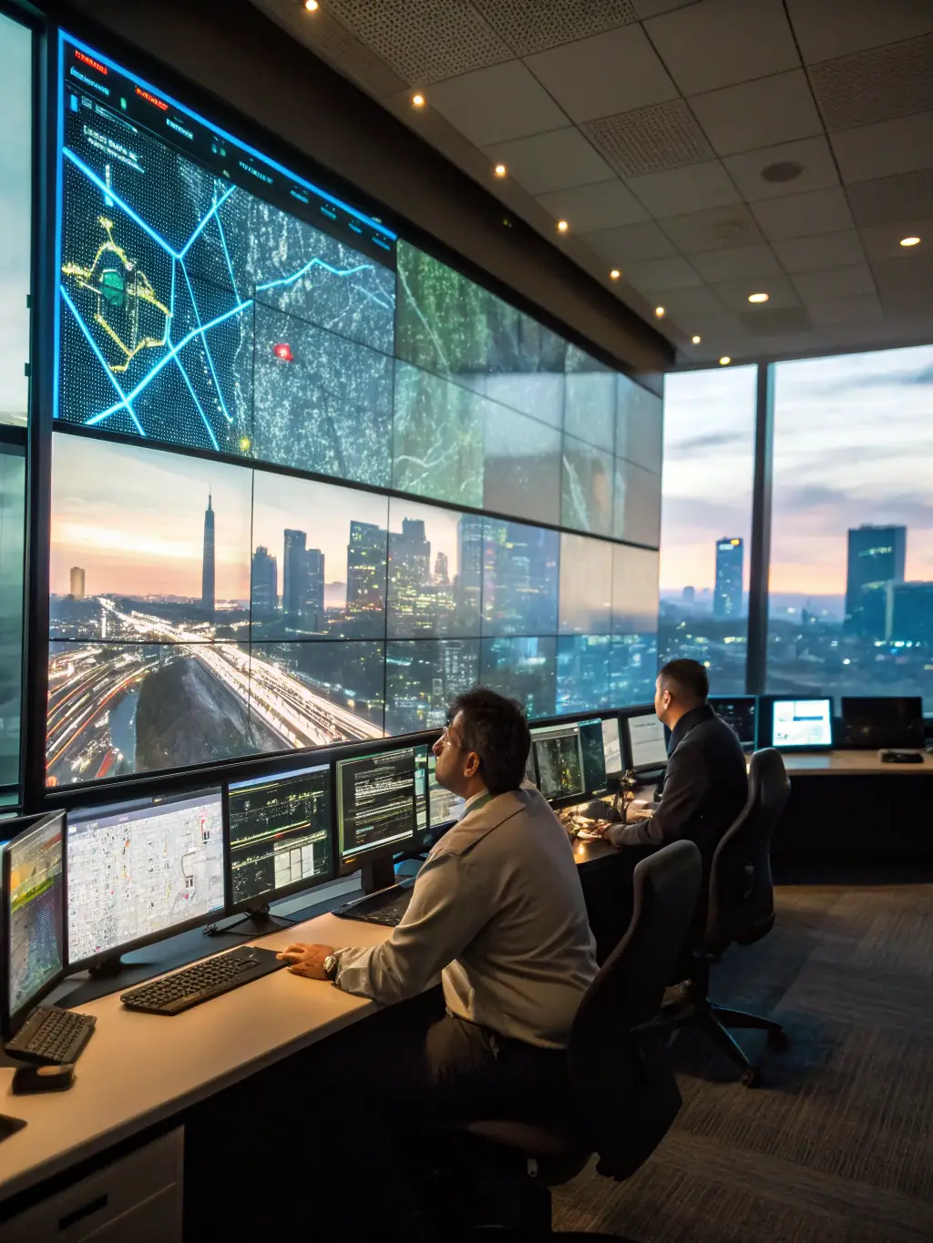 A photograph of a modern traffic control center with multiple screens displaying live traffic feeds and analytical data, showcasing advanced monitoring capabilities.